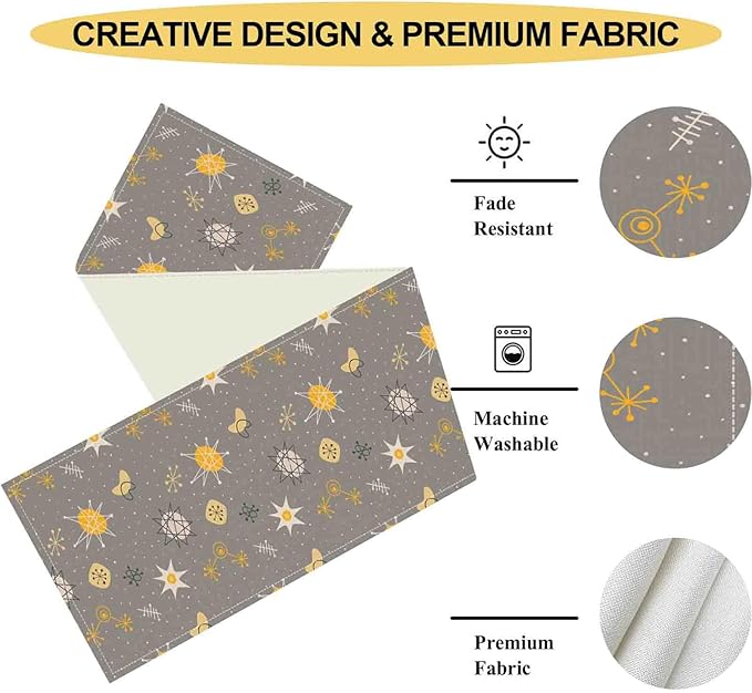 Mid Century Modern Table Runner, Retro 1950s 1960s Atomic Abstract Gray Cute Coffee Table Center Decor for Home Kitchen Dining Patio Holiday Party Indoor Outdoor Table Decorations, 13"x36" Inch