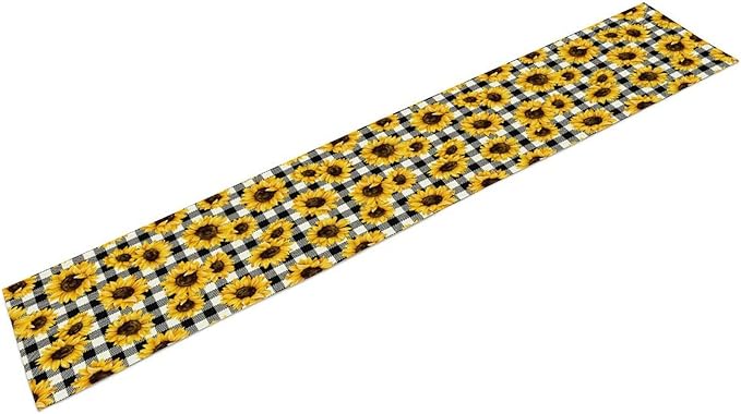Summer Sunflower Table Runner, Sunshine Seasonal Buffalo Plaid Table Runner for Indoor Home Party Kitchen Dining Outdoor 13x90in