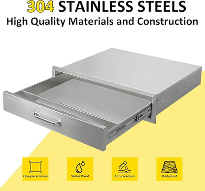Outdoor Kitchen Drawers 30" W x 6.5" H x 23" D Flush Mount BBQ Single Drawers with Divider,Built-in Stainless Steel Drawer with Chrome Handle for Outdoor Kitchen Island Patio Grill Station