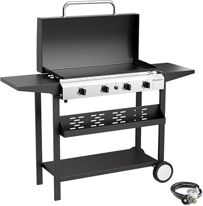 4 Burner Propane Griddle with Lid, 30 Inch Stainless Steel Portable Detachable Gas Griddle, 60,000 BTU Flat Top Grill with Side Shelves for Camping
