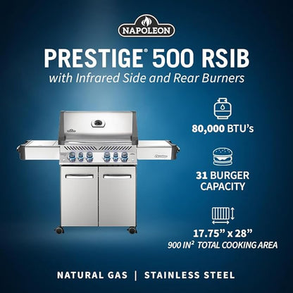 Napoleon P500RSIBNSS-3 Prestige 500 RSIB Natural Gas Grill, sq. in + Infrared Side and Rear Burner, Stainless Steel