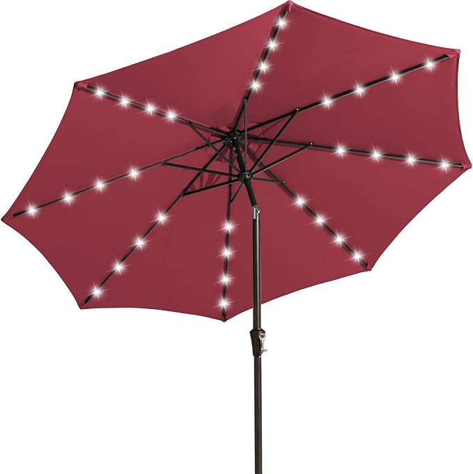 JEAREY 9' Patio Umbrella with Solar Lights, LED Umbrella, Burgandy | Outdoor by JEAREYOutdoorsCollection