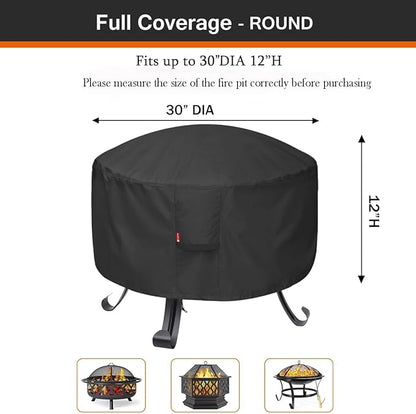 SheeChung Round Gas Fire Pit Cover-Fits 27”-30“ Solo Stove Yukon,Waterproof 600D Heavy Duty Outdoor Fire Bowl Cover,Weather Resistant Smokeless Fire Pit Cover for Backyard Porch Deck Camping-30"Dx12"H