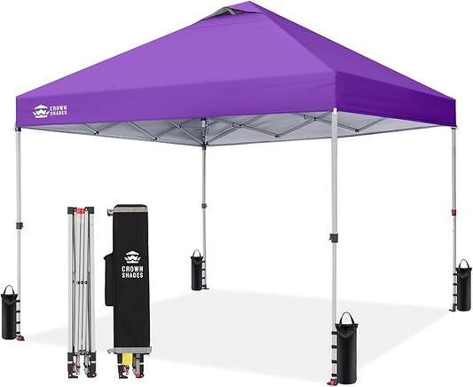 CROWN SHADES 10x10 Pop Up Canopy - Beach Tent with One Push Setup - Easy Outdoor Sun Shade for Events, Parties, Camping - Gazebo with STO-N-Go Cover Bag, Silver Coated Top, Purple