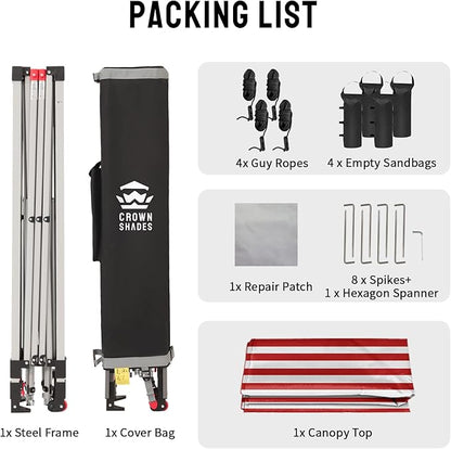 CROWN SHADES 10x10 Pop Up Canopy - Beach Tent with One Push Setup - Easy Outdoor Sun Shade for Events, Parties, Camping - Gazebo with STO-N-Go Cover Bag, Silver Coated Top, Red Strips