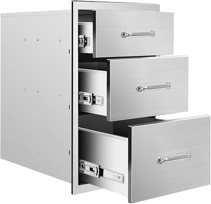 Outdoor Kitchen Drawers 14" W x 21" H x 23" D Flush Mount Triple BBQ Drawers with Chrome Handle Stainless Steel Drawer for Outdoor Kitchen Island, Patio Grill Station