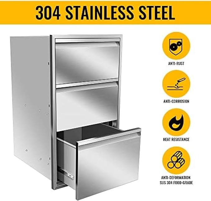 Outdoor Kitchen Drawers, Box Frame Style Flush Mount BBQ Drawer w/Stainless Steel Handle, BBQ Island Drawers For Patio Grill Station,Three Drawers