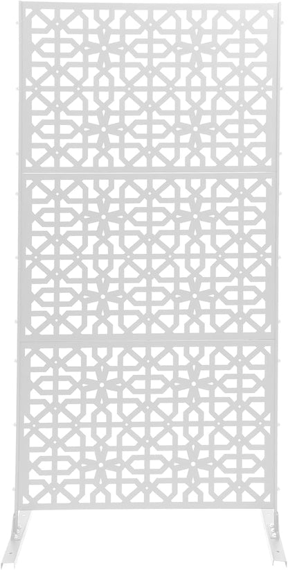 75" H×35" W Decorative Outdoor Privacy Screen with Stand, Outdoor Decor Privacy Fence Screen Metal Fence Panels, Free Standing Metal Divider for Patio Lawn Deck (White-Knot)