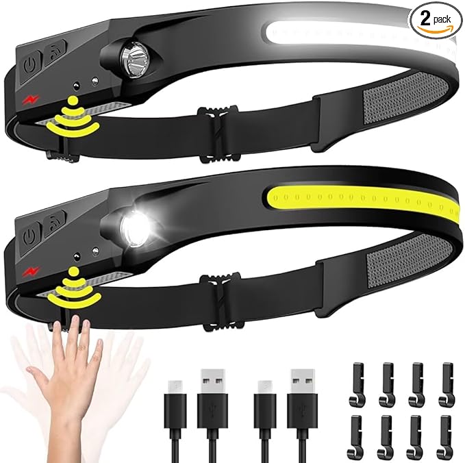 Headlamp Rechargeable 2PCS, 230° Wide Beam Head Lamp LED with Motion Sensor for Adults - Camping Accessories Gear, Waterproof Head Light Flashlight for Hiking, Running, Repairing, Fishing, Cycling