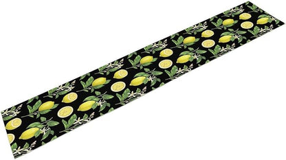 Watercolor Lemon Table Runner, Spring Summer Seasonal Green Leaves Flowers Yellow Fruits Print Table Runner for Farmhouse Kitchen Dining Table Home Party Indoor Decor 13x70in