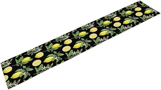 Watercolor Lemon Table Runner, Spring Summer Seasonal Green Leaves Flowers Yellow Fruits Print Table Runner for Farmhouse Kitchen Dining Table Home Party Indoor Decor 13x60in