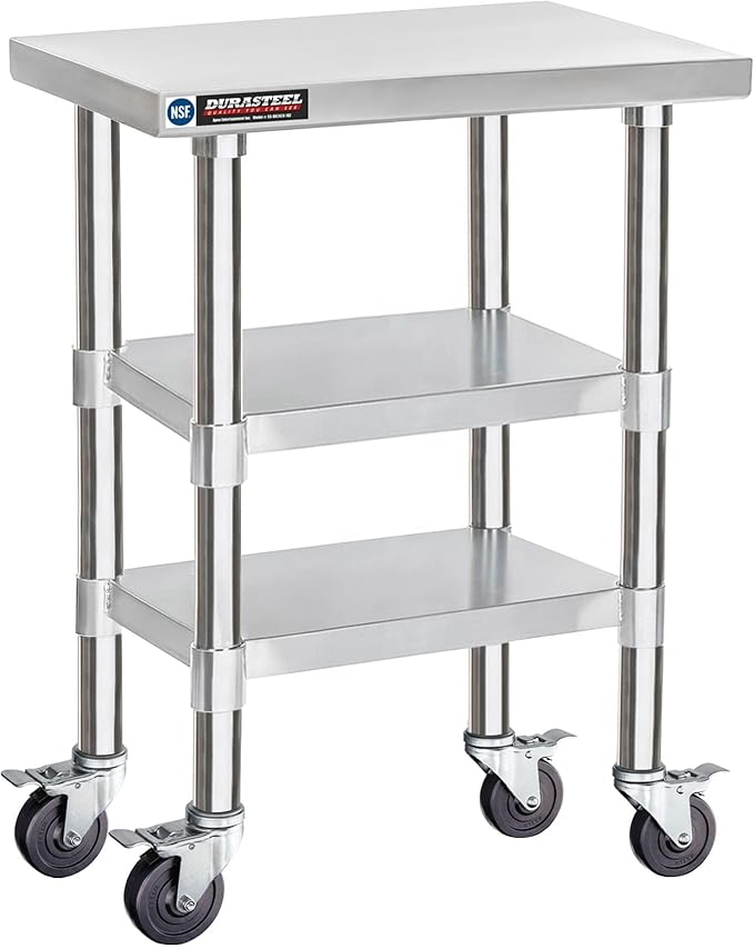 DuraSteel Stainless Steel Work Table 24" x 18" x 34" Height w/ 4 Caster Wheels - Food Prep Commercial Grade Worktable - NSF Certified - Good for Restaurant, Business, Warehouse, Home, Kitchen, Garage