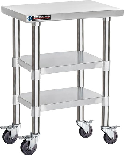 DuraSteel Stainless Steel Work Table 24" x 18" x 34" Height w/ 4 Caster Wheels - Food Prep Commercial Grade Worktable - NSF Certified - Good for Restaurant, Business, Warehouse, Home, Kitchen, Garage