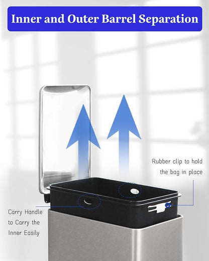 Trash Can, 2.6 Gallon Bathroom Trash Can with Lid, Stainless Steel Garbage Can with Removable Liner, 10 Liter Rectangle Step Trash Bin for Office, Bedroom, Living Room, Dorm, Kohler Grey