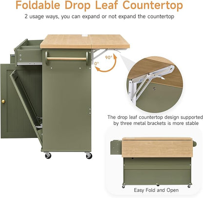 60" Kitchen Island with Power Outlet & Drop Leaf, Kitchen Rolling Island with Spice Rack & Towel Rack, Knife Holder, Kitchen Island Cart with Trash Storage Cabinet, Mobile Island Table for Kitchen