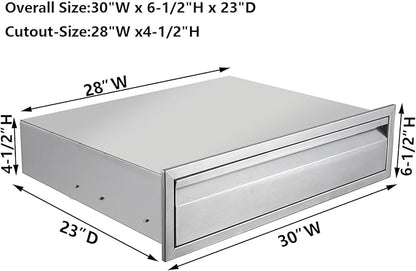 Outdoor Kitchen Drawer, 30" W x 6.5" H x 23" D Stainless Steel BBQ Single Drawer with Clapboard, BBQ Island Drawers for Outdoor Kitchens or Patio Grill Station