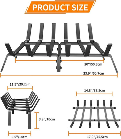 Heavy Duty 24Inch Fireplace Grate, Solid Steel Log Rack for Wood Burning, Extra Wide Firewood Grates for Indoor Fireplace & Outdoor Fire Pit, Wood Stove Grate