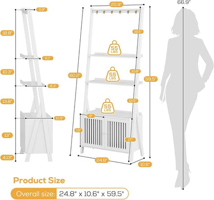 Bookcase with Drawers, 4-Tier Bamboo Bookshelf Ladder Shelf with 6 Hooks - Image 3