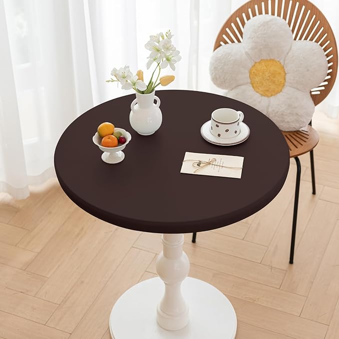 Round Fitted PU Tablecloth with High Elastic Edge 55 Inch Dia Waterproof Oil Proof Table Cloth Anti-Scald Stain-Resistant Wipeable Table Cover for Indoor Outdoor Picnic (Coffee,55" Dia)