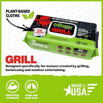 Crocodile Cloth Grill Wipes, 640 Count (8 Packs) – Extra-Large 15” x 10” Plant-Based Cleaning Cloths, Safe on Skin & Surfaces, Pre-Moistened with Aloe & Vitamin E