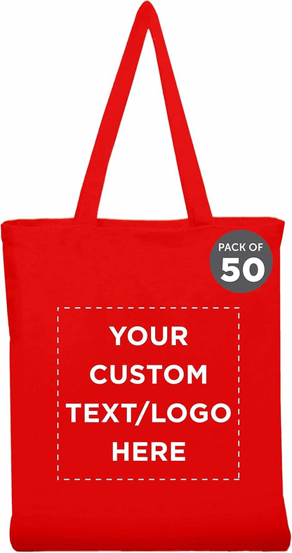 DISCOUNT PROMOS Custom Cotton Canvas Tote Bags Set of 50, Personalized Bulk Pack - Reusable, Great for Shopping, Grocery, Beach, Picnic, Wedding Favors - Red