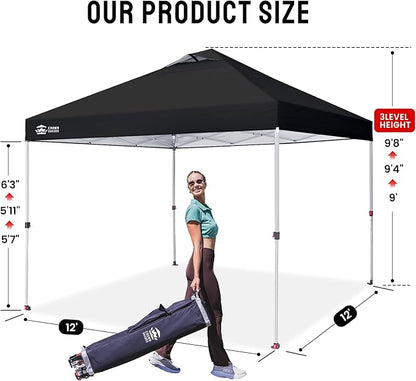 CROWN SHADES 12x12 Pop Up Canopy Outside Canopy, Patented One Push Tent Canopy with Wheeled Carry Bag, Bonus 8 Stakes and 4 Ropes, Black