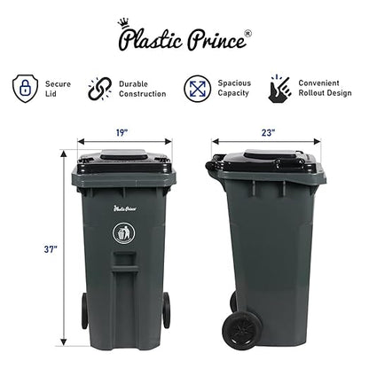 32 Gallon Trash Can Lid Outdoor Trash Can with Lid and Wheels Heavy-Duty Trash Bin for Outside Plastic 32 Gallon Garbage Can Wheeled Gray for Hospitals Restaurants Offices, Pack of 2