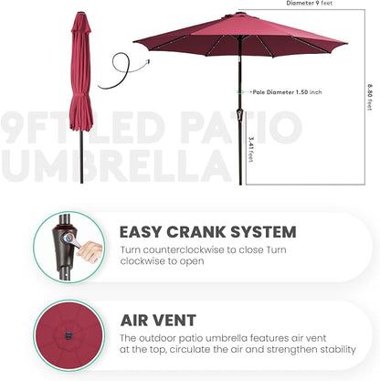 JEAREY 9' Patio Umbrella with Solar Lights, LED Umbrella, Burgandy | Outdoor - Image 7