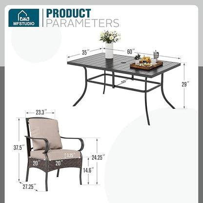 MFSTUDIO 7 Piece Outdoor Patio Dining Set for 6, 60'' Metal Rectangular Table and Wicker Chairs, All Weather Patio Furniture Table and Chairs Set, E-Coated Frame & Brown Wicker