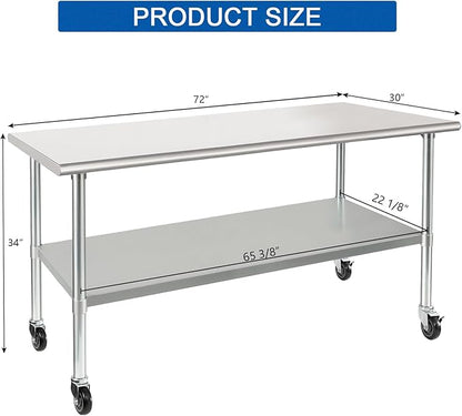 HARDURA Stainless Steel Table with Wheels 30 x 72 Inches Casters NSF Heavy Duty Commercial Prep Table with Undershelf and Galvanized Legs for Food Prep