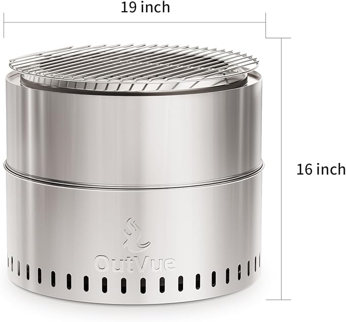 19 inch Stainless Steel Smokeless Fire Pit with Grill, Outdoor Smokeless Firepit, Wood Burning Fire Pits for Camping, Bonfire, Low Smoke Firepit for Outside (Vertical Hole)