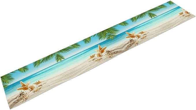 Summer Coastal Table Runner, Nautical Starfish Beach Seashell Ocean Tropical Palm Seasonal Coffee Table Center Decor for Home Kitchen Dining Patio Holiday Party Table Decorations 13"x72"
