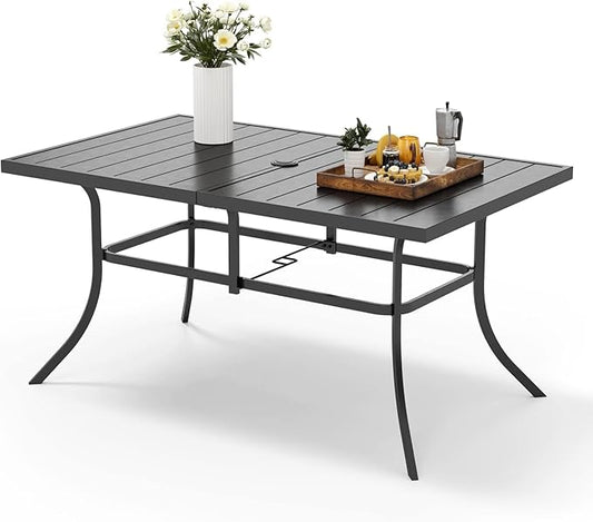 MFSTUDIO Outdoor Patio Dining Table for 6, Rectangle Weather Resistant Metal Patio Table with Adjustable Umbrella Hole, Black
