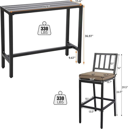 Outdoor Patio Bar Set, Bar Height Patio Dining Set, Weather-Resistant Bistro Counter Pub Set with Cushions & Slatted Tabletop for Backyard, Garden, Yard (47" Table, 2 "I Style Stool, Black)