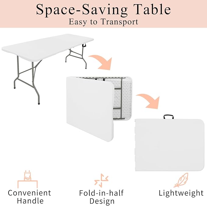 Set of 2 Folding Tables with Carrying Handle Lightweight Rectangular Portable Plastic Camping Table Steel Legs for Party, Dining, Wedding, Events, Picnic Indoor, Outdoor (5.85FT, White)