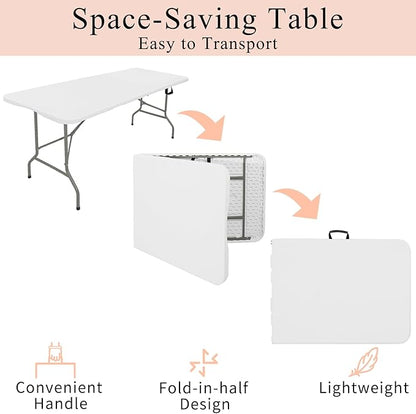 Set of 2 Folding Tables with Carrying Handle Lightweight Rectangular Portable Plastic Camping Table Steel Legs for Party, Dining, Wedding, Events, Picnic Indoor, Outdoor (5.85FT, White)