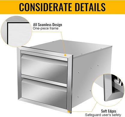 Outdoor Kitchen Stainless Steel Triple Access BBQ Drawers With Handle For BBQ Island Patio Grill Station,Double Drawers