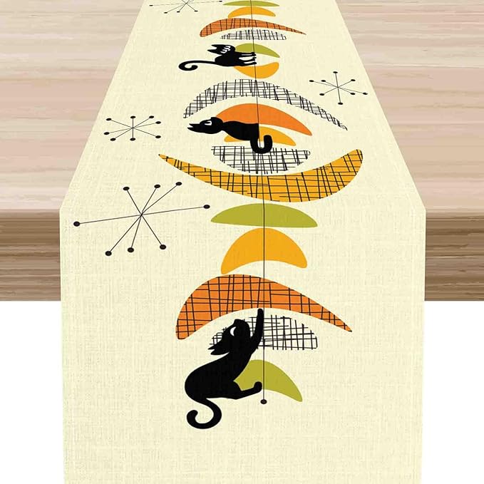 Mid Century Table Runner, Retro 1950s Black Cat Atomic Modern Abstract Coffee Table Center Decor for Home Kitchen Dining Patio Holiday Party Indoor Outdoor Table Decorations, 13"x36" Inch