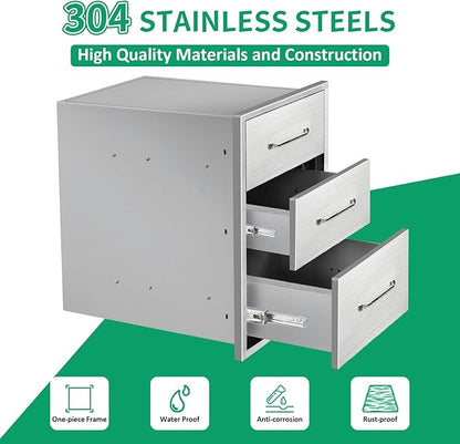Outdoor Kitchen Drawers 14" W x 21" H x 21" D Stainless Steel Triple Drawers with Ergonomic Handle for BBQ Island, Patio Grill Station & Outdoor Kitchen Cabinets