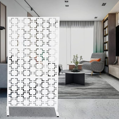 Outdoor Metal Privacy Screen with Stand, 35.4" W x 75" H Freestanding Metal Slatted Decorative Privacy Screen and Panels for Patio Garden Balcony Porch (White B)