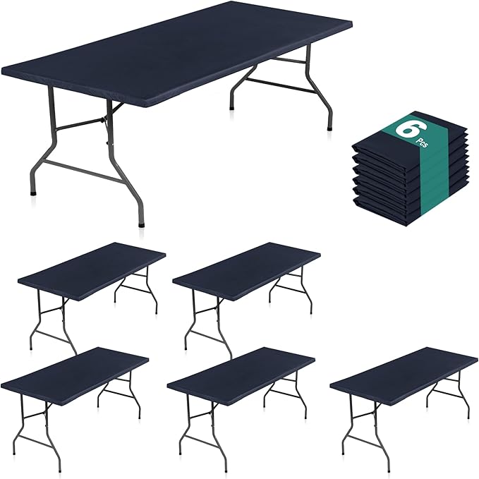 LUSHVIDA 6 Packs Vinyl Tablecloths with Flannel Backing for 4ft Rectangle Folding Table Cloths - Waterproof Plastic Picnic Table Covers with Elastic Corners, 30x48 inch, Navy Blue