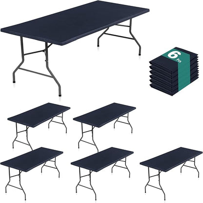 LUSHVIDA 6 Packs Vinyl Tablecloths with Flannel Backing for 4ft Rectangle Folding Table Cloths - Waterproof Plastic Picnic Table Covers with Elastic Corners, 30x48 inch, Navy Blue