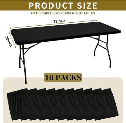 10 Pack Stretch Fabric Table Top Cap Cover, fits 6' Tables, Spandex Table Covers Washable Elastic Universal Rectangle Tablecloth Protector for Indoor Outdoor Party Picnic Wedding, Black, 30" W x 72" L