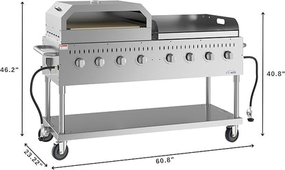 KoolMore 60 in. 8-Burner Commercial Outdoor Propane Gas BBQ Grill with 30 in. Griddle and 30 in. Pizza Oven in Stainless-Steel, ETL Listed (CGKIT6-G30P30)