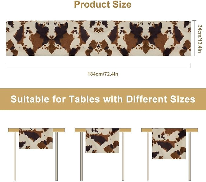 Cowhide Print Table Runner, Western Farm Animal Fur Wildlife Rustic Table Runner for Kitchen Farmhouse Dining Home Banquet Party 13x36in