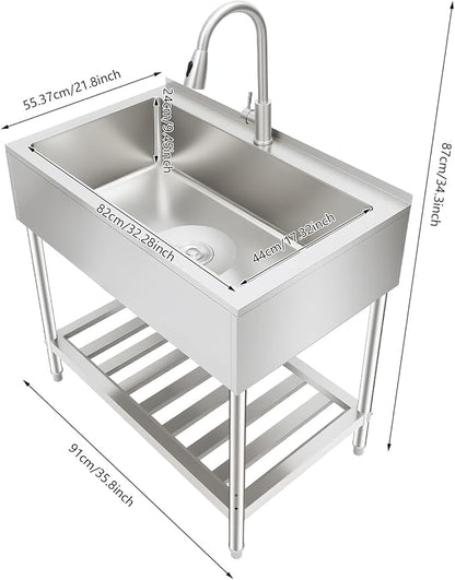 Stainless Steel Laundry Sink with Large Wash Stand, Free Standing Single Bowl Kitchen Sink with Pull Faucet, Utility Sink for Laundry Room Bathroom Farmhouse (36x22x34in)