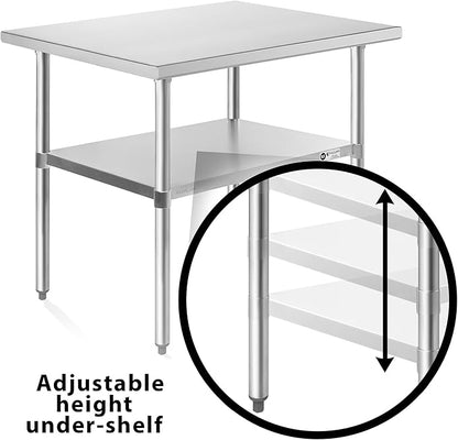 KUTLER Stainless Steel Table 24 x 36 Inches, NSF Heavy Duty Commercial Kitchen Prep and Work Table with Undershelf for Restaurant, Hotel, Home