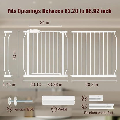 Extra Wide Baby Gate 57.5-66.9 Pressure Mounted,Child Dog Pet Safety Gates with Walk Through Door for Doorways Stairs No Drilling in Door,White