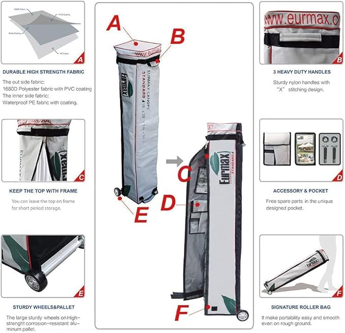 Eurmax USA 10'x10' Pop-up Canopy Tent Commercial Instant Canopies with 4 Removable Zipper End Side Walls and Roller Bag, Bonus 4 SandBags(Gray)