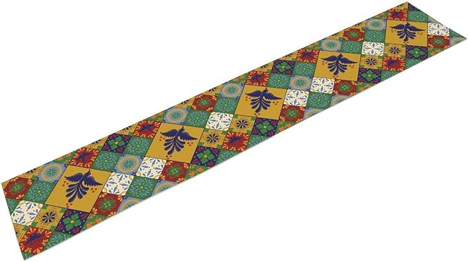 Mexican Table Runner, Orange Floral Birds Mexico Talavera Ceramic Dia De Los Muertos Coffee Table Center Decor for Family Home Kitchen and Dining Farmhouse Indoor Outdoor Table Decorations, 13" X 108"